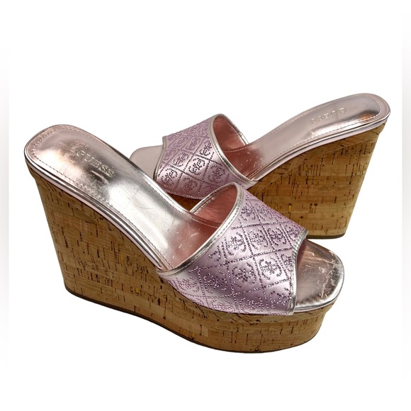 GUESS Womens Pink Cork 2" Platform Catiaee Toe Wedge Slip On Heeled Sandal 8.5 M - Picture 3 of 16
